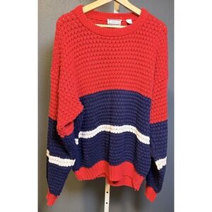 Vintage Lazarus Sweater  L Red White Blue Cable Knit Crew Stretch Heavy Cotton
